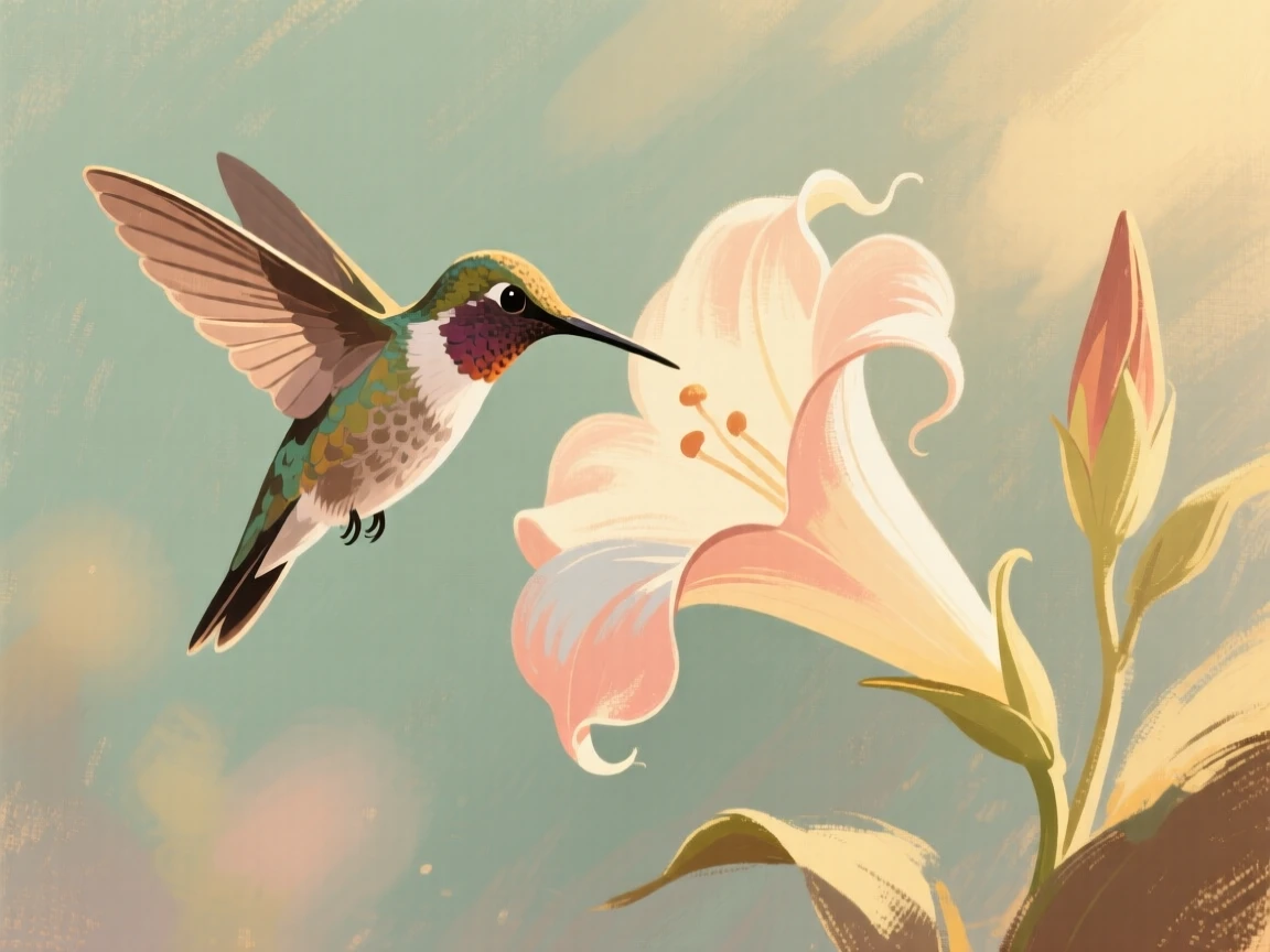 A hummingbird hovering beside a trumpet-shaped flower