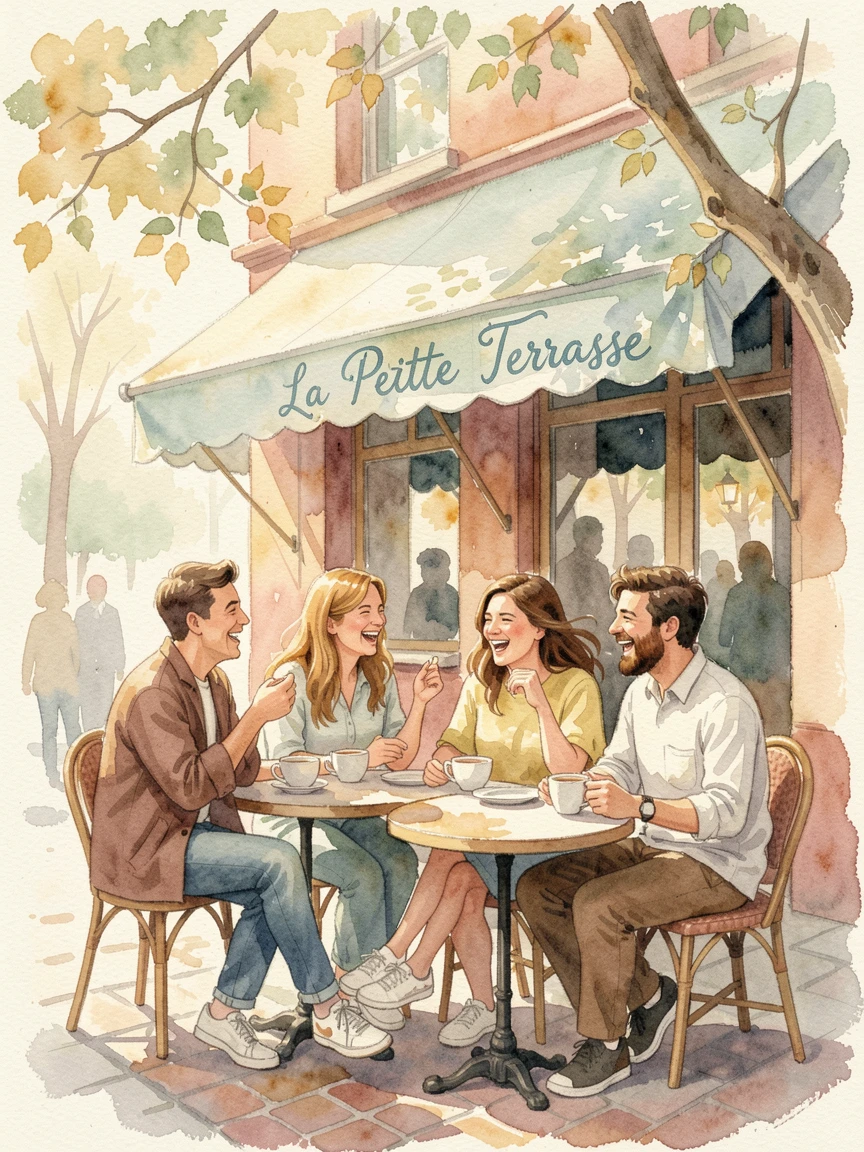 Friends laughing together over coffee at a sidewalk cafe with a gentle breeze and soft afternoon light.