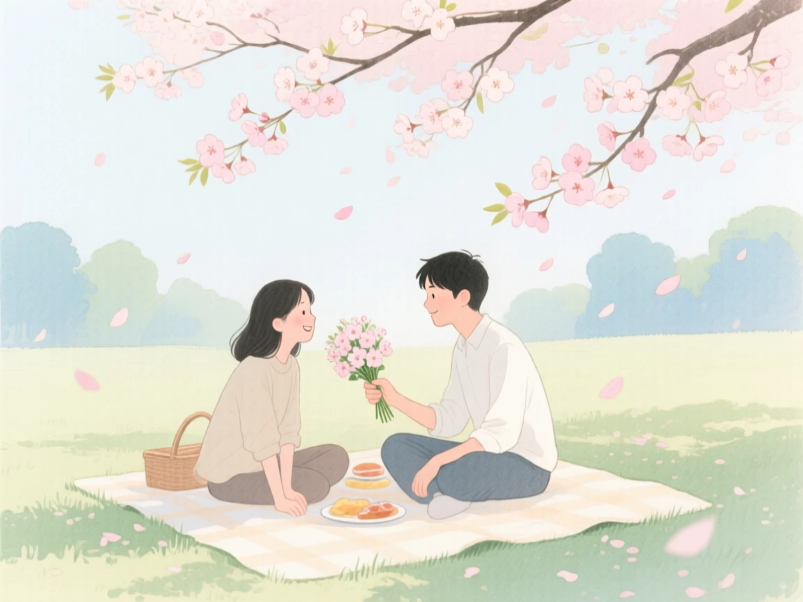 A tender moment of a picnic under blooming cherry trees, with petals drifting gently in the breeze, capturing quiet affection between two people