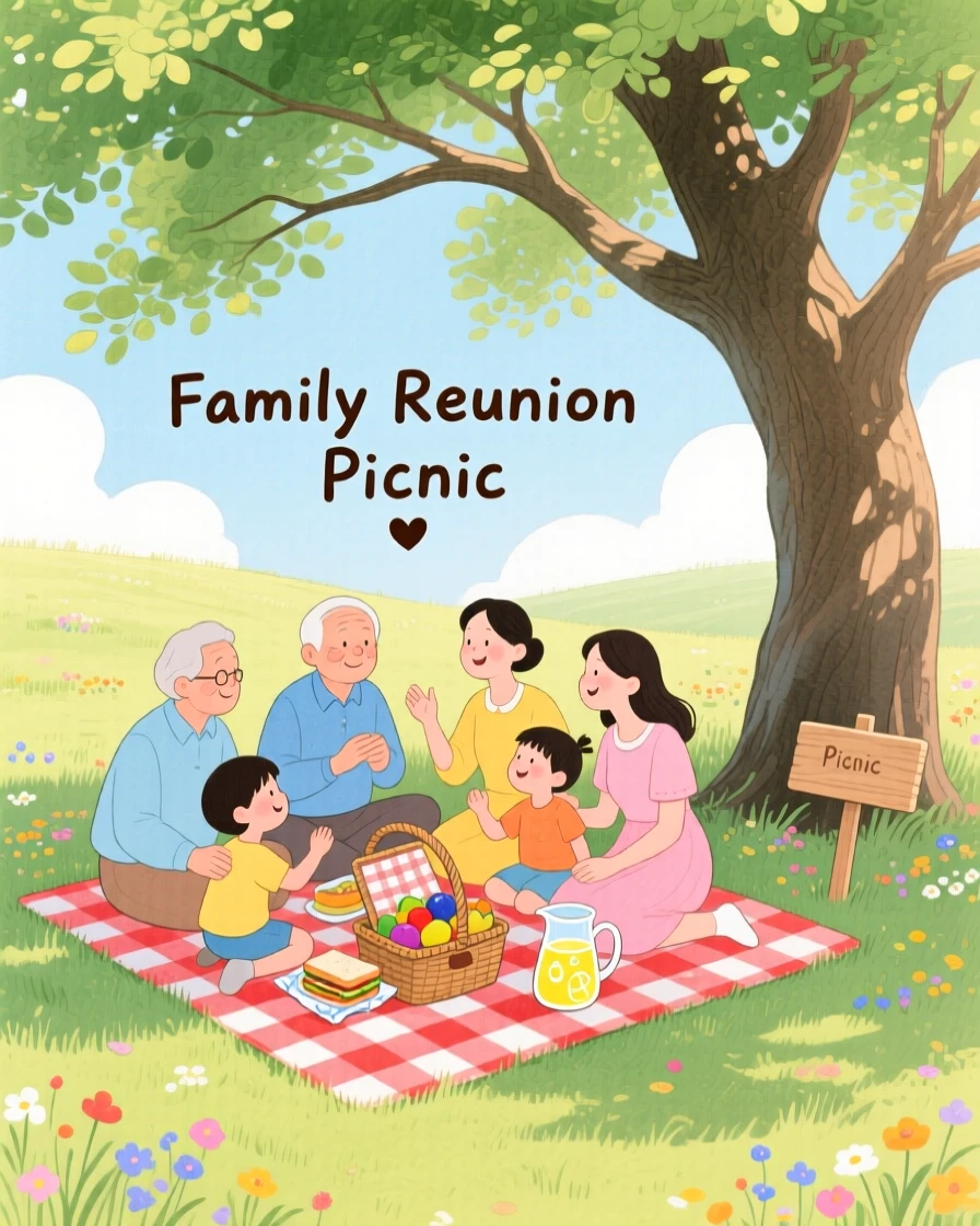 A heartwarming moment showing a family reunion picnic under a big shade tree.