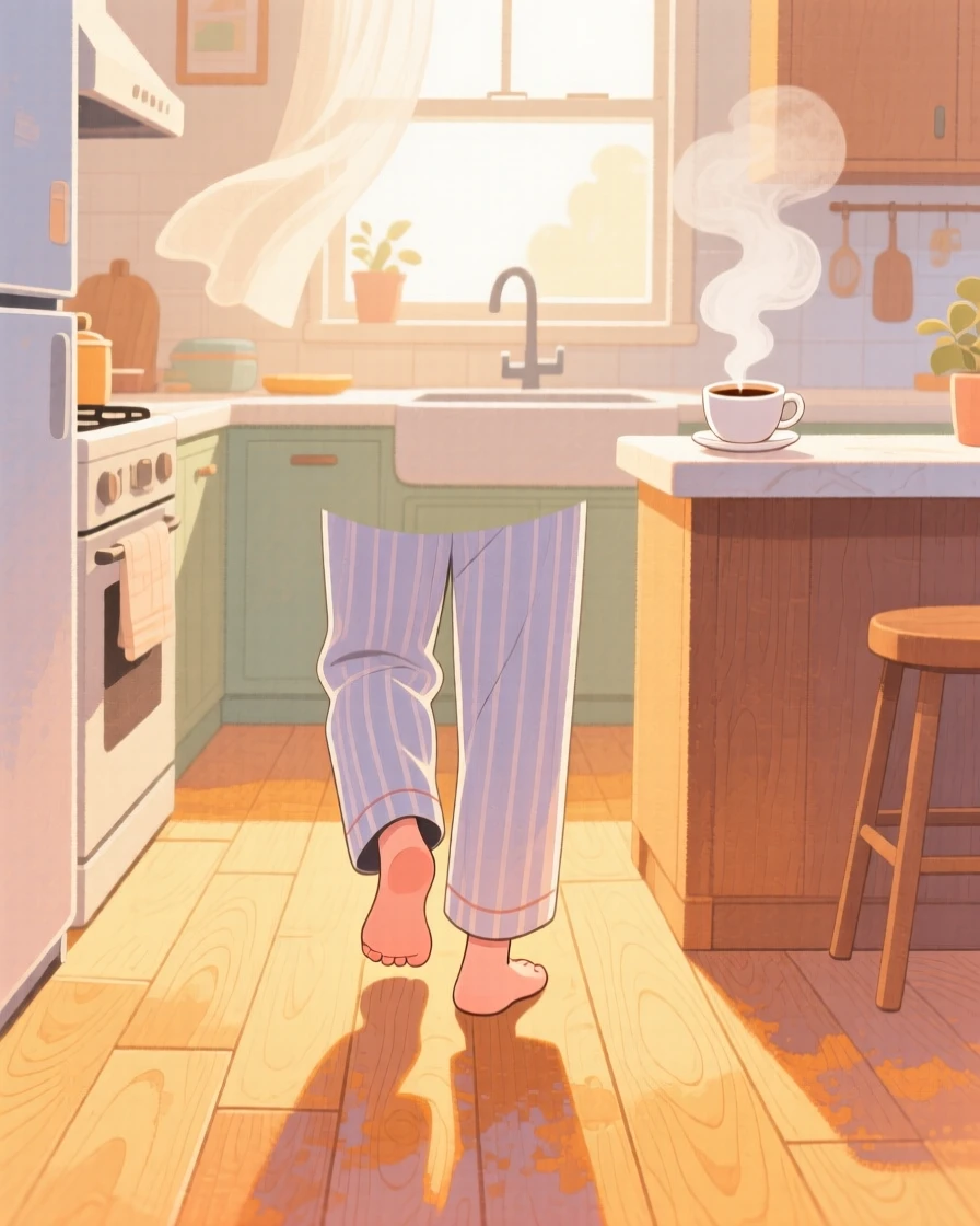 A weekend morning scene of pajama-clad feet padding across a warm wooden floor toward the kitchen, with steam curling gently upward, wrapped in a feeling of safety and belonging.