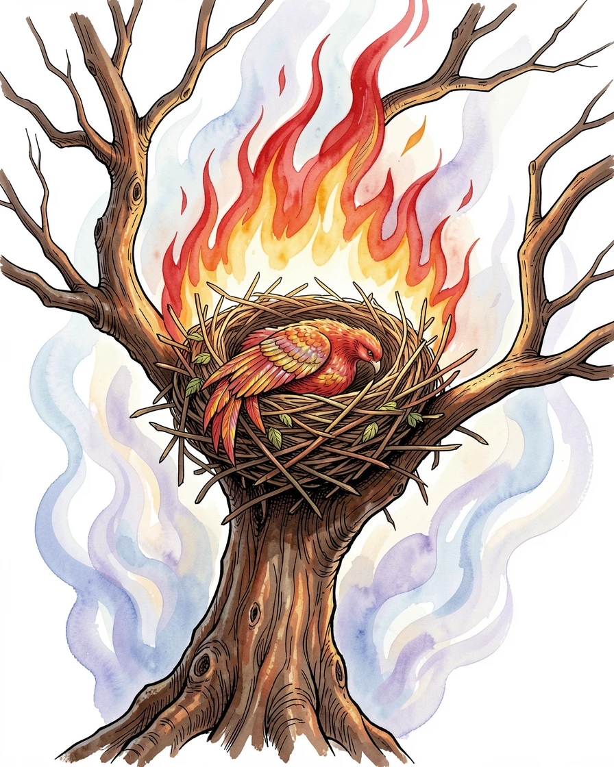 A phoenix nest cradled in the branches of a burning yet unconsumed tree, swirling light and mist adding a dreamlike quality.