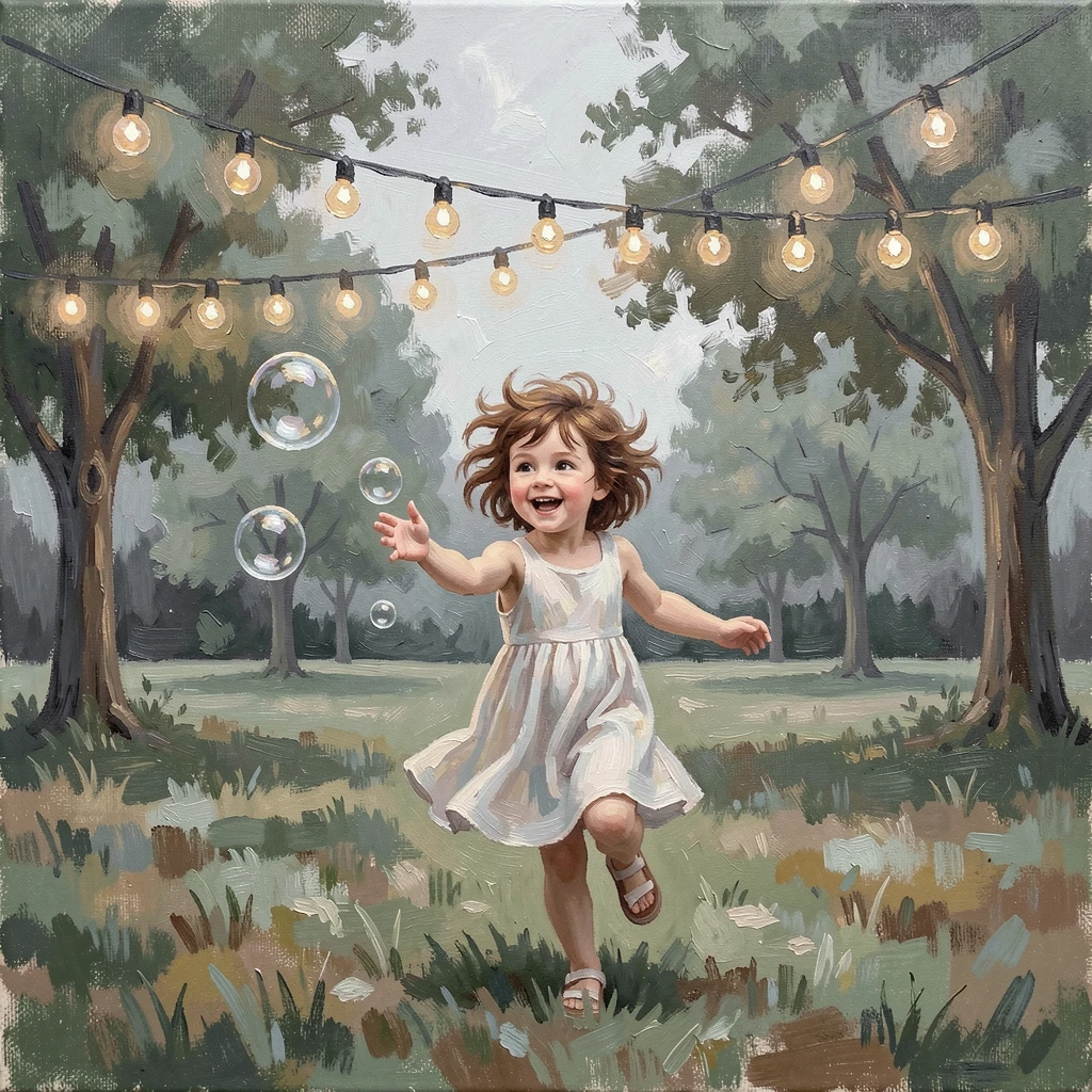 Beneath the warm glow of string lights at an outdoor gathering, a little girl chasing bubbles in a sunlit park, a genuine, unguarded smile, during a soft, overcast afternoon.