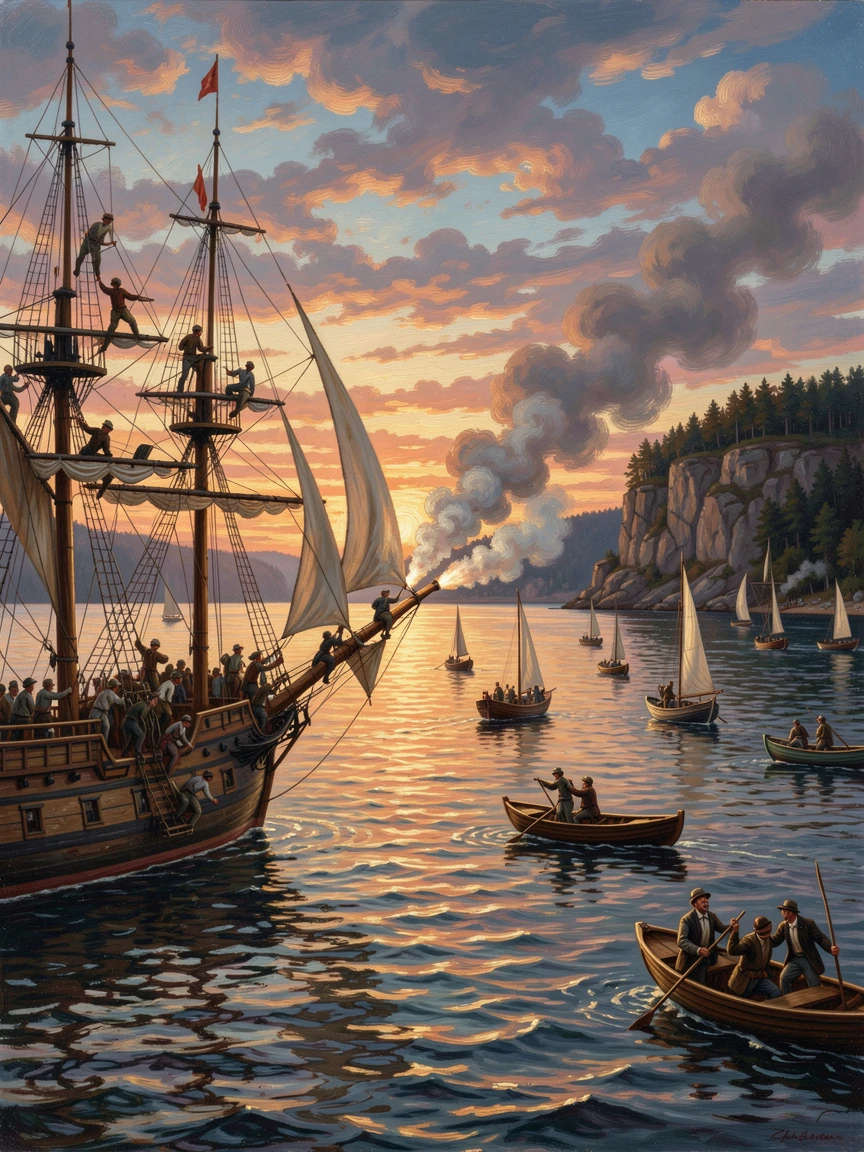 A merchant vessel fires its cannons across a wide bay dotted with smaller boats as sailors climb the rigging.