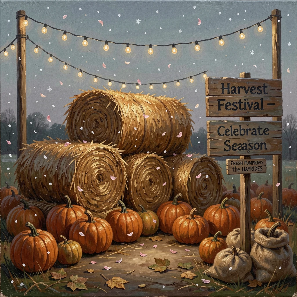 A harvest festival with hay bales, pumpkins, and glowing string lights, as soft snow or flower petals drift gently through the air, offering a joyful, memorable seasonal scene for any collection