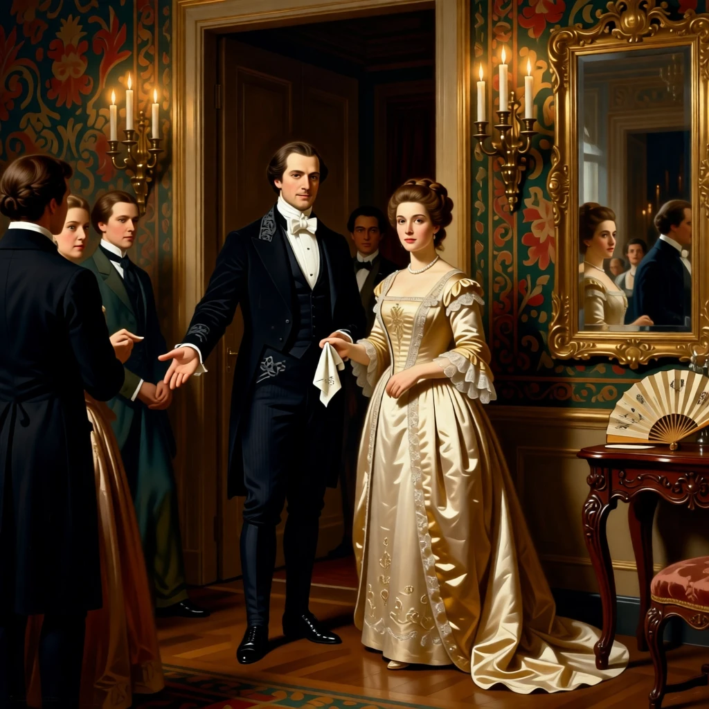 A count and countess receiving guests at a candlelit ballroom entrance amid the elegant bustle of a formal evening, set in a richly furnished drawing room with tapestried walls, with a fan, a pearl necklace, and an embroidered handkerchief as quiet accents; a mirror in the background subtly doubles the scene's elegance, suggesting both splendor and the fleeting nature of such moments.