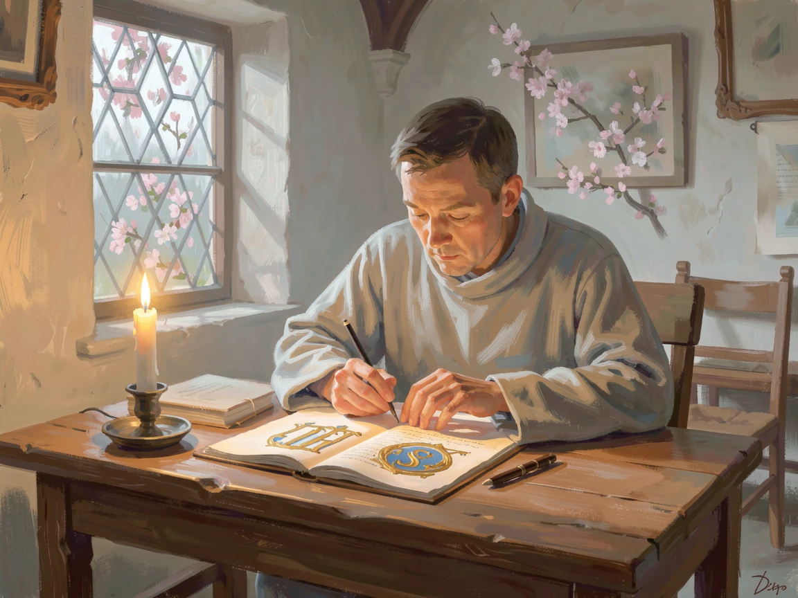 A quiet monastery scriptorium where a monk carefully illuminates a manuscript by candlelight, just as the first blossoms of spring appear, capturing a fleeting moment of pure happiness.