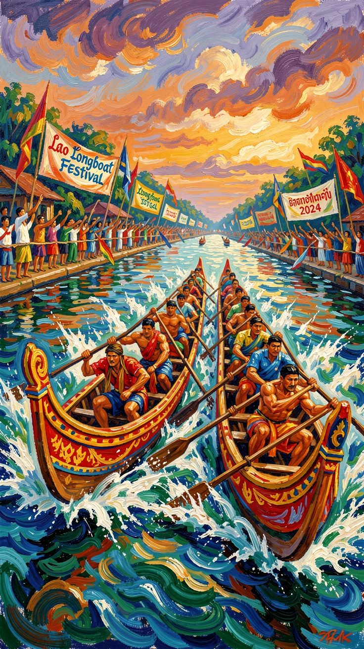 Longboats racing down a river during a traditional festival in Laos.