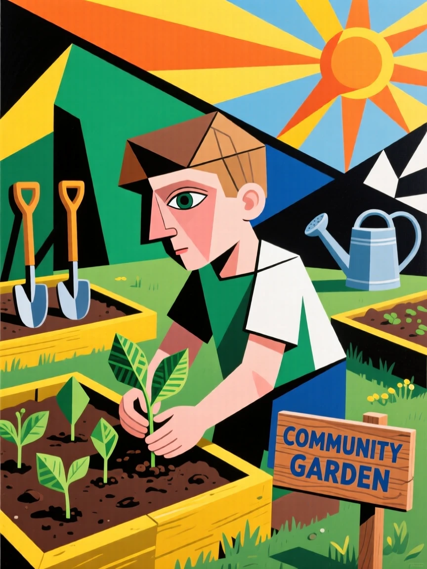 A child planting seedlings in a community garden on a bright spring morning.