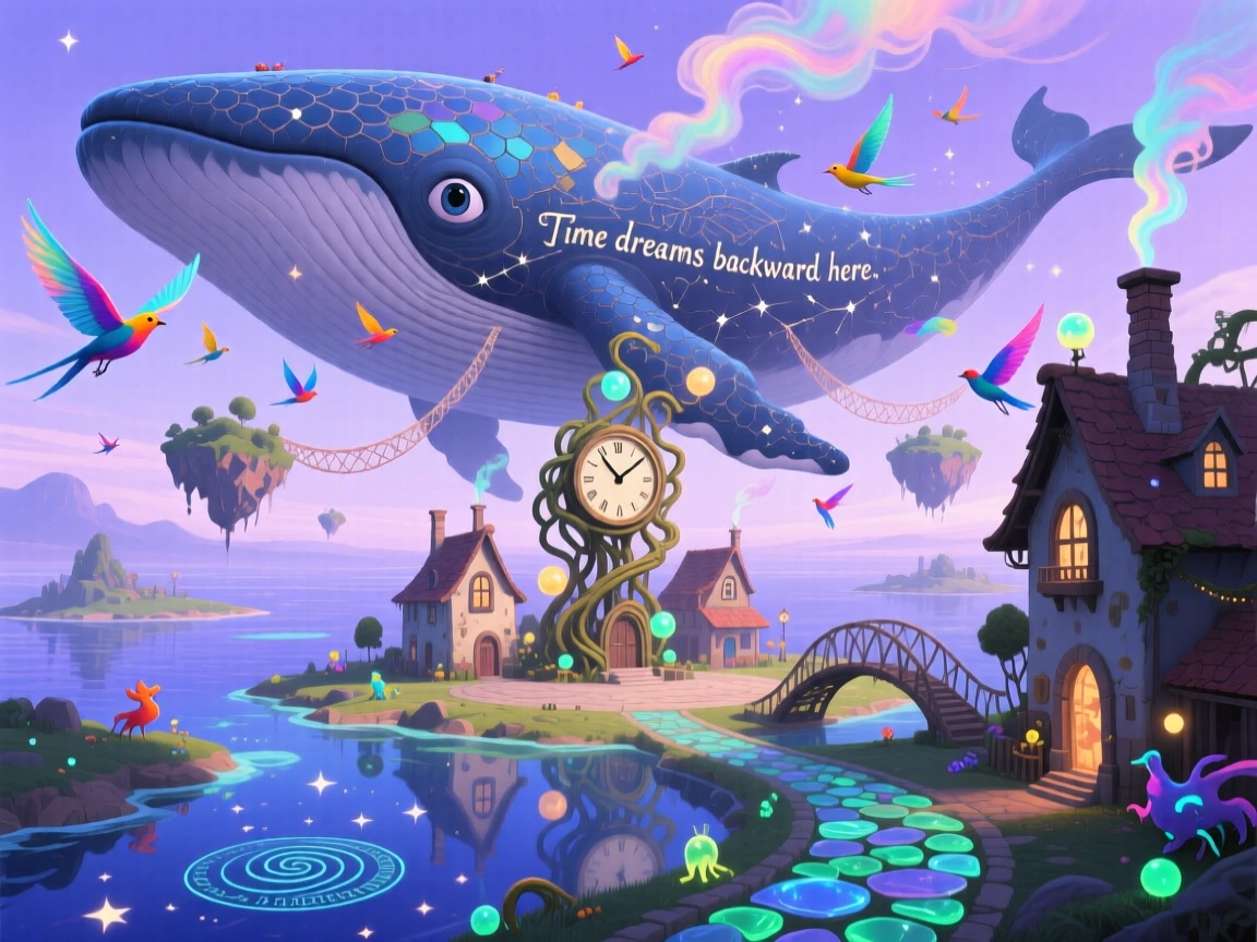 A village balanced on the back of a drifting whale-shaped island drifts slowly across a lavender horizon, while flocks of birds weave between its floating pieces.