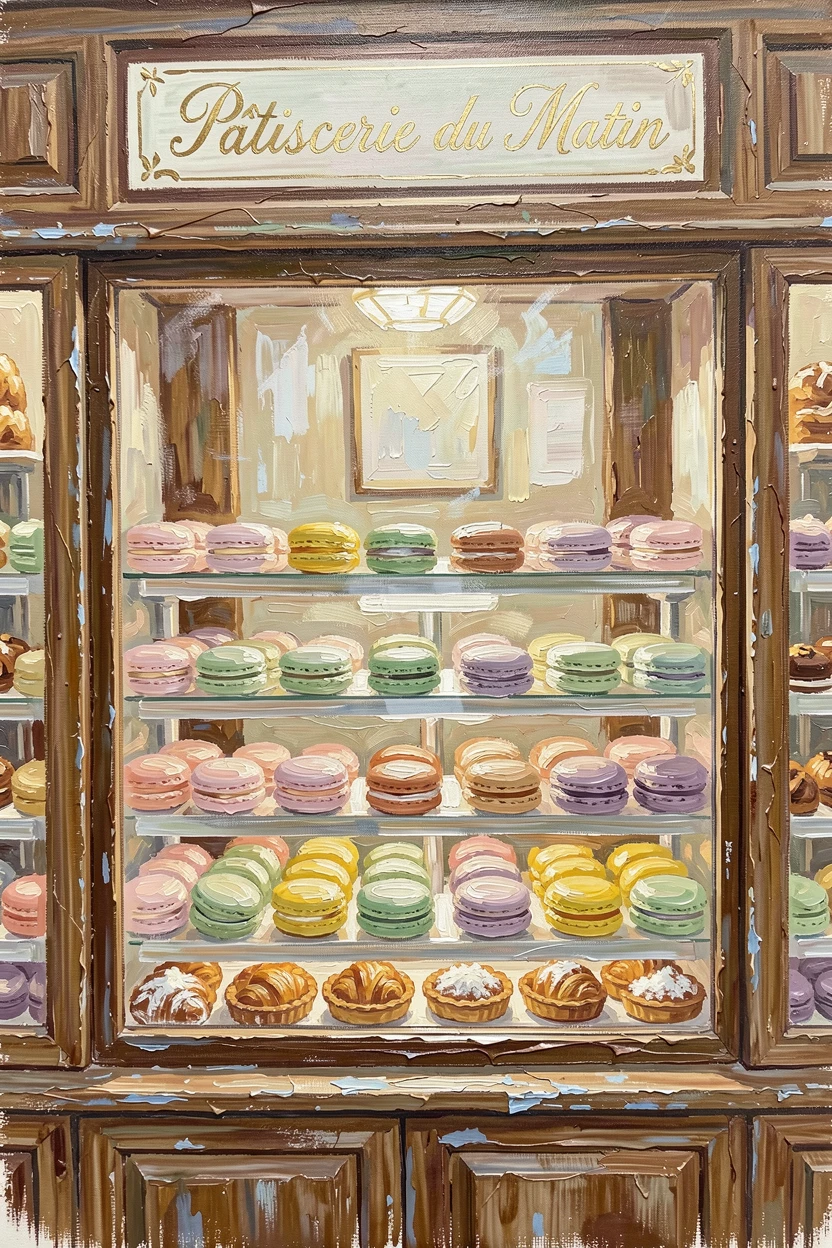 A rustic French patisserie window displays rows of colorful macarons and delicate pastries, morning light glinting off the glass display case, natural light gently highlighting the colors and shapes of the dish from above.
