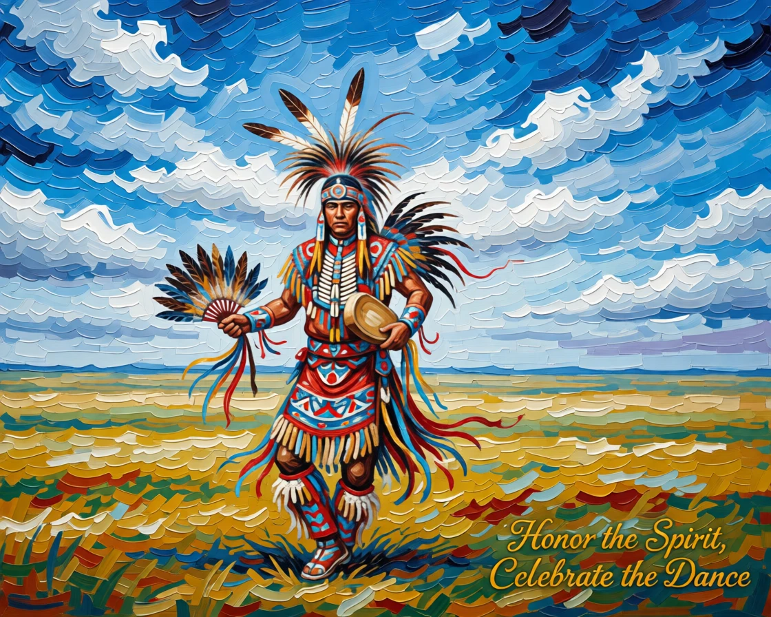 A Native American powwow dancer in full ceremonial regalia beneath an open prairie sky