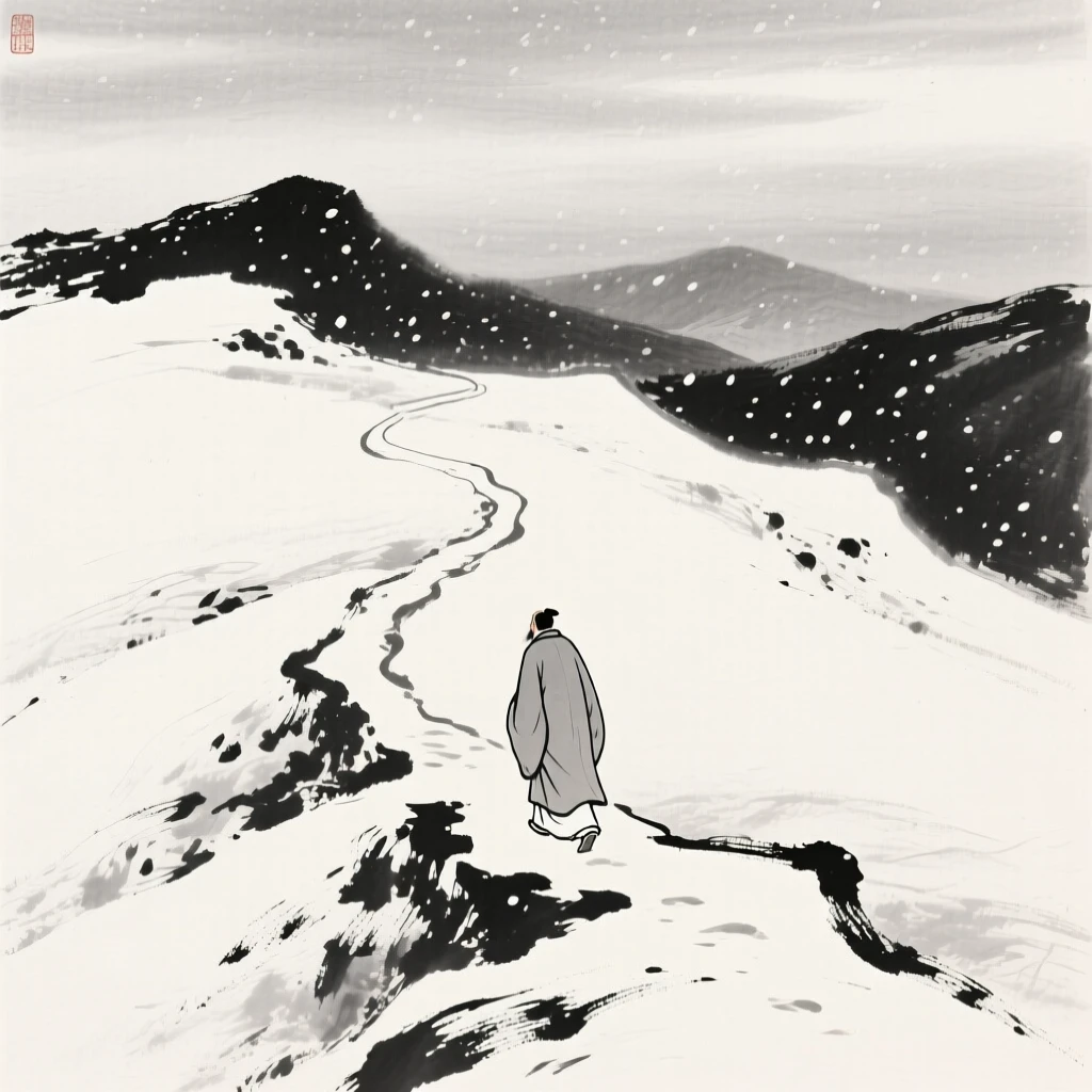 A lone traveler trudges through deep snow along a narrow mountain path, beneath a pale winter sky heavy with more snow to come.