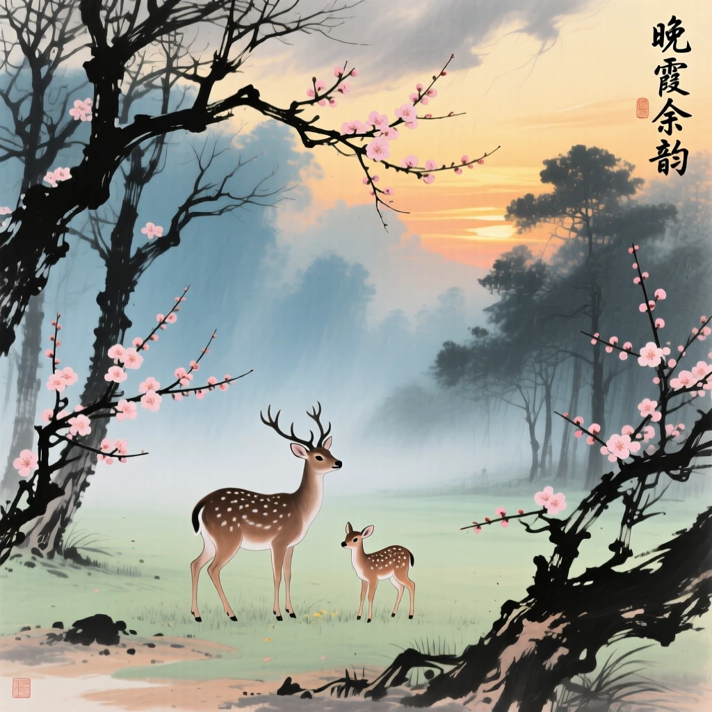 A family of deer grazing quietly in a misty forest clearing, as the last plum blossoms cling to bare branches, in the last golden light of day, under clearing skies after a storm.