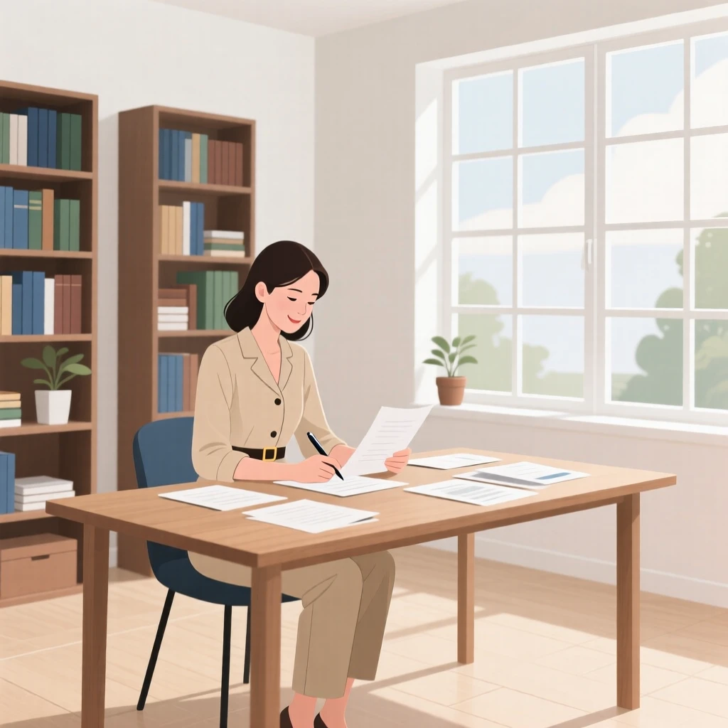 Illustration of a woman in a beige jumpsuit working at a table with papers, set in a bright room with bookshelves and a large window.