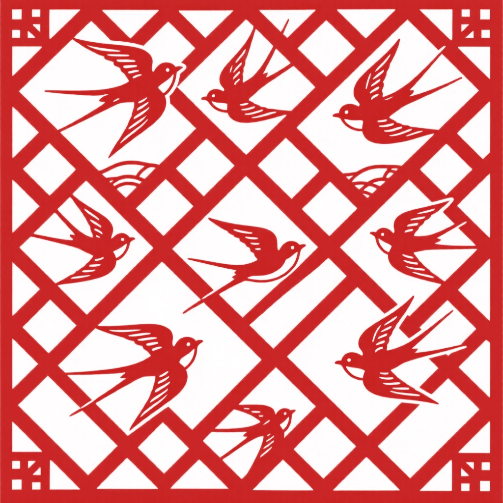 A repeating diamond pattern interwoven with tiny swallows in flight