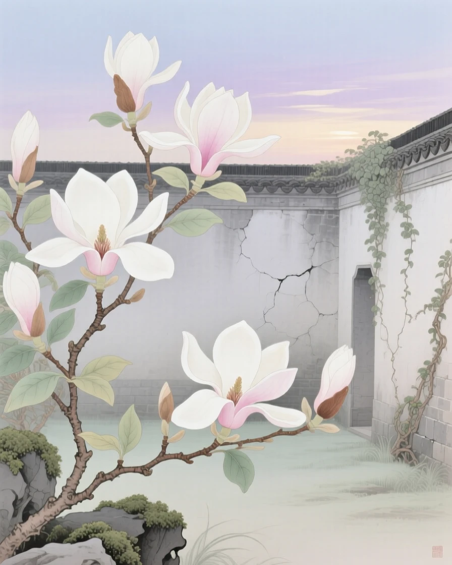 Magnolia flowers against a pale sky in an old walled garden at dawn