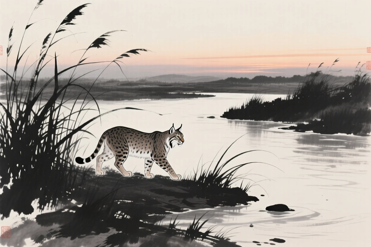 A lynx walking through tall grass at dusk along the bank of a quiet river, positioned off-center, leaving space for the quiet landscape around it, evoking the gentle rhythm of the natural world.