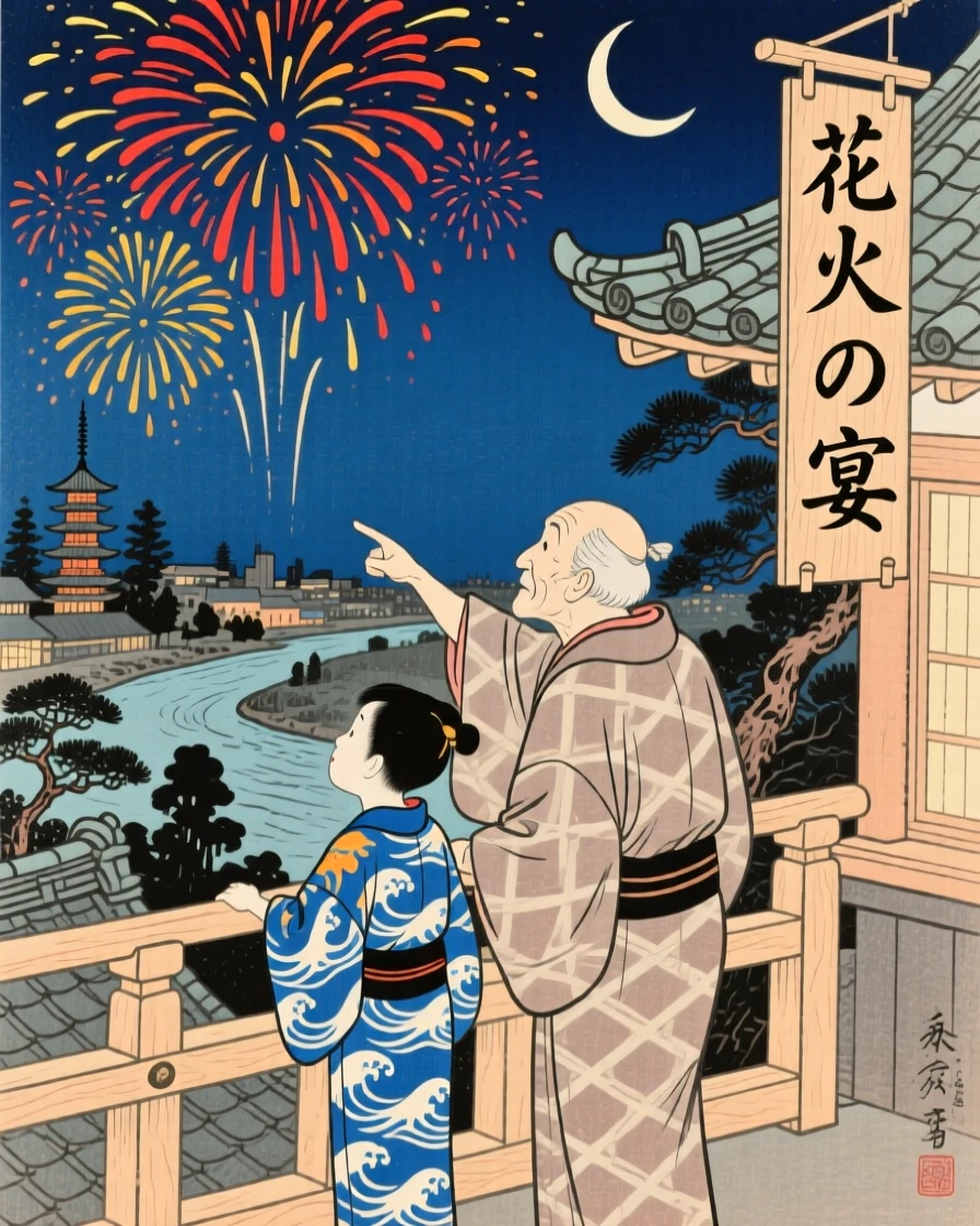 A grandfather and grandson watching fireworks together from a rooftop.