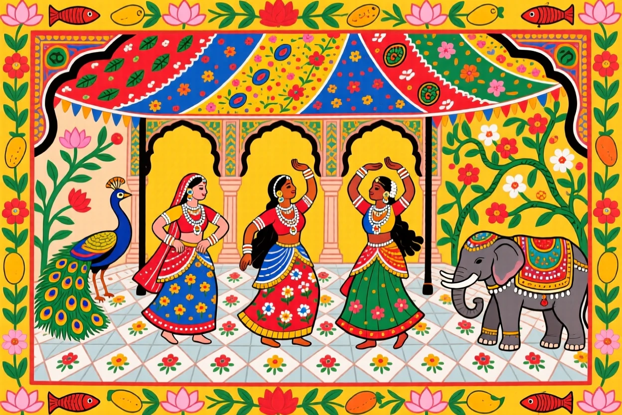 A royal courtyard where dancers perform beneath silk canopies.