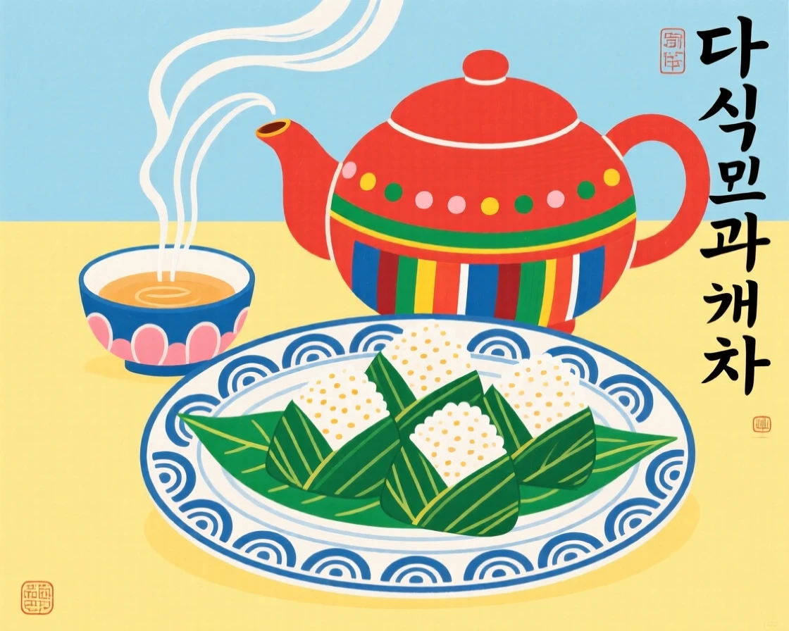 A pot of tea steeping beside a plate of sweet rice cakes wrapped in leaves.