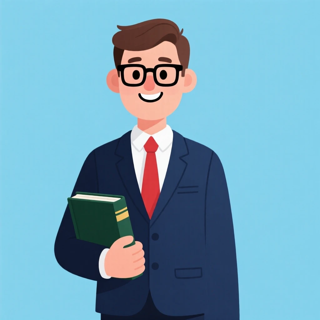 Cartoon man in a suit holding a book, with glasses and a friendly expression, set against a plain background.