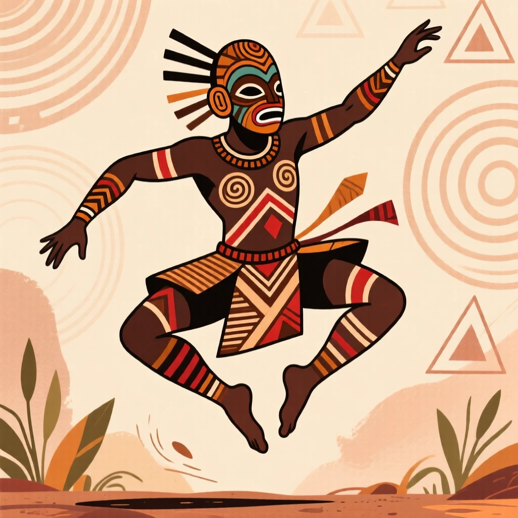 A masked dancer leaping high during a ceremony.