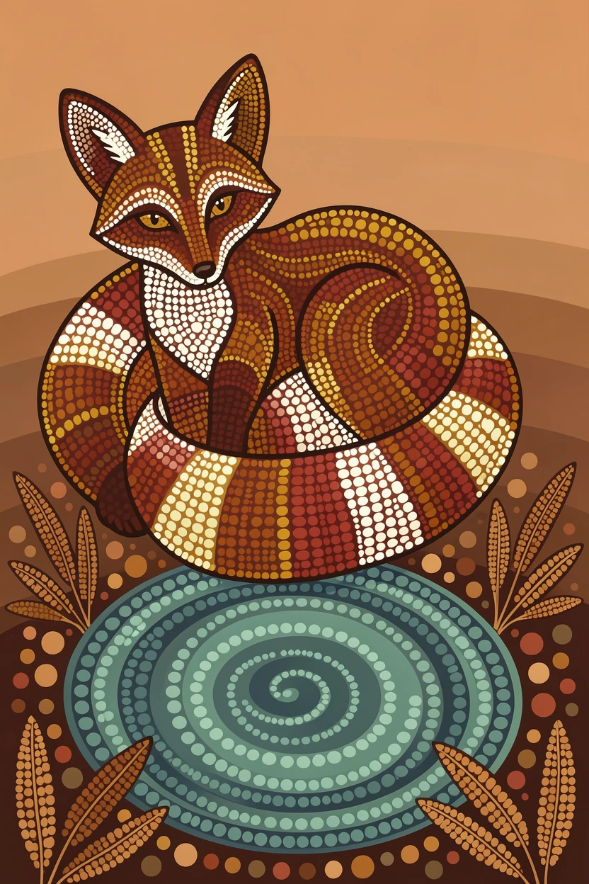 A kitsune fox spirit resting beside an enchanted spring