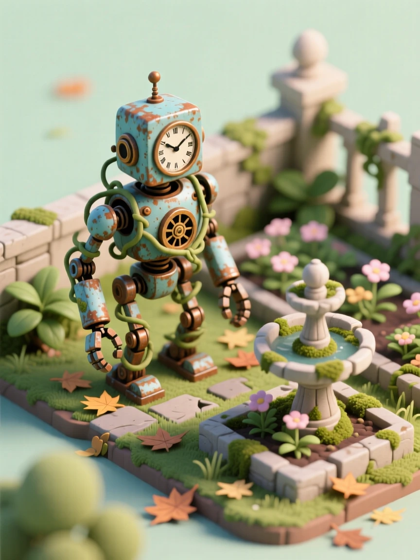 A tiny clockwork robot exploring an abandoned garden, vines wrapping gently around its rusted metal frame.