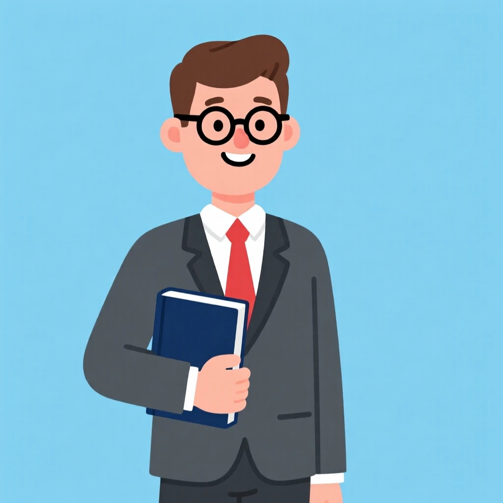 Cartoon man in a suit holding a book, with glasses and a friendly expression, set against a plain background.