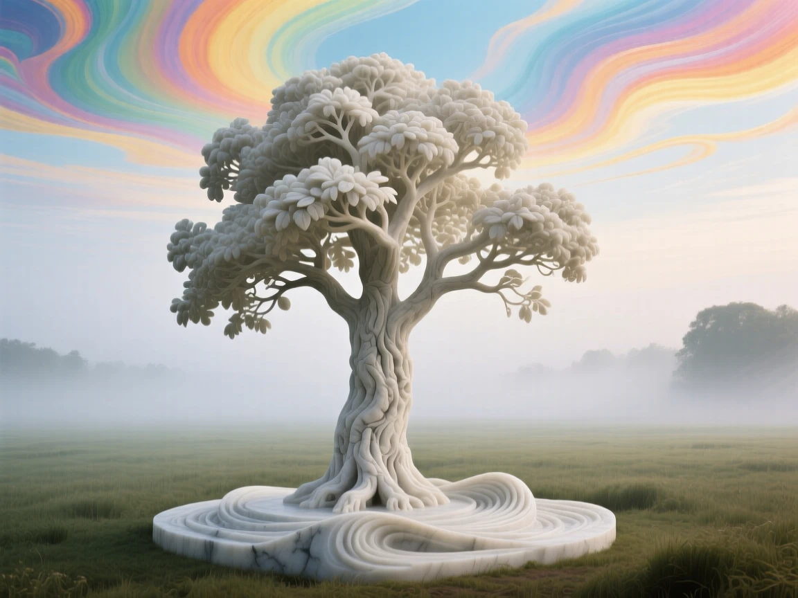 A vivid, emotionally rich scene of a solitary tree standing in a misty field, under a brilliant, colorful sky, designed to captivate and inspire