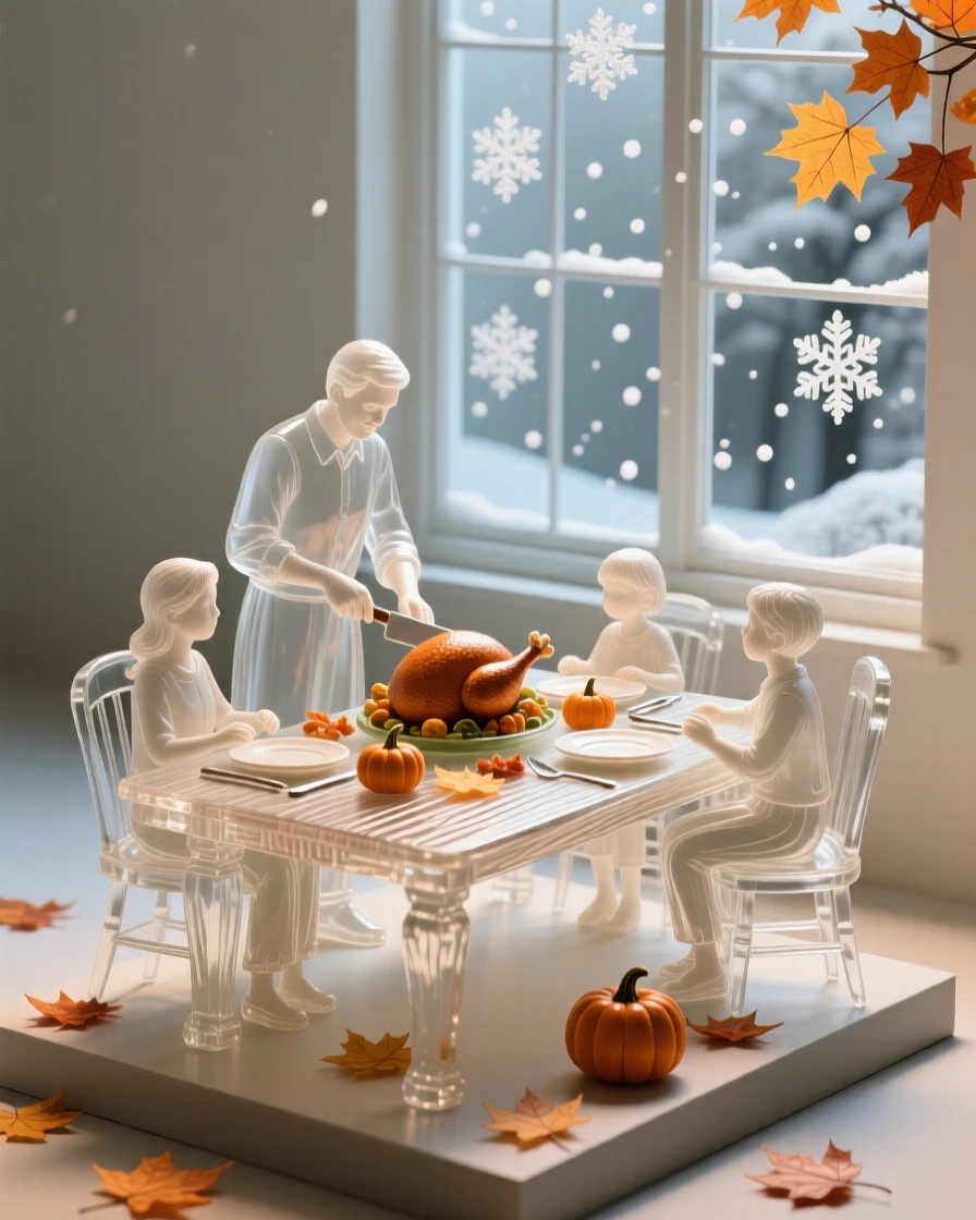 As autumn leaves drift slowly to the ground, a family carving a turkey at a long autumn table, while snowflakes drift slowly past the window
