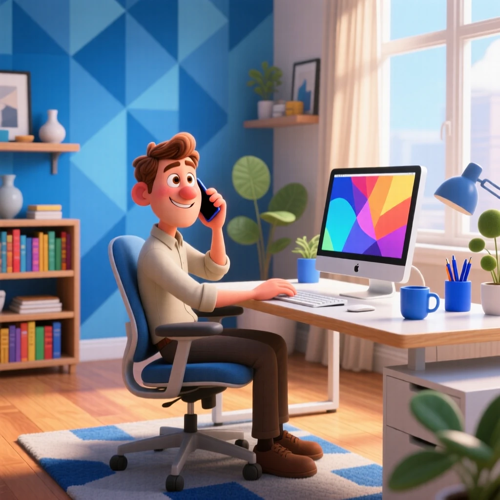 Cartoon-style illustration of a man in a modern office, sitting at a desk with a phone, computer, and vibrant blue decor.