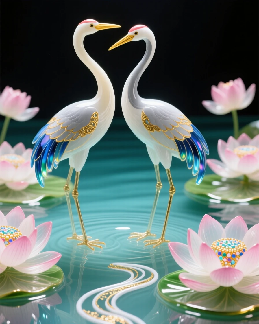 A pair of cranes standing together at the edge of a blossoming lotus pond, elegant and sacred.