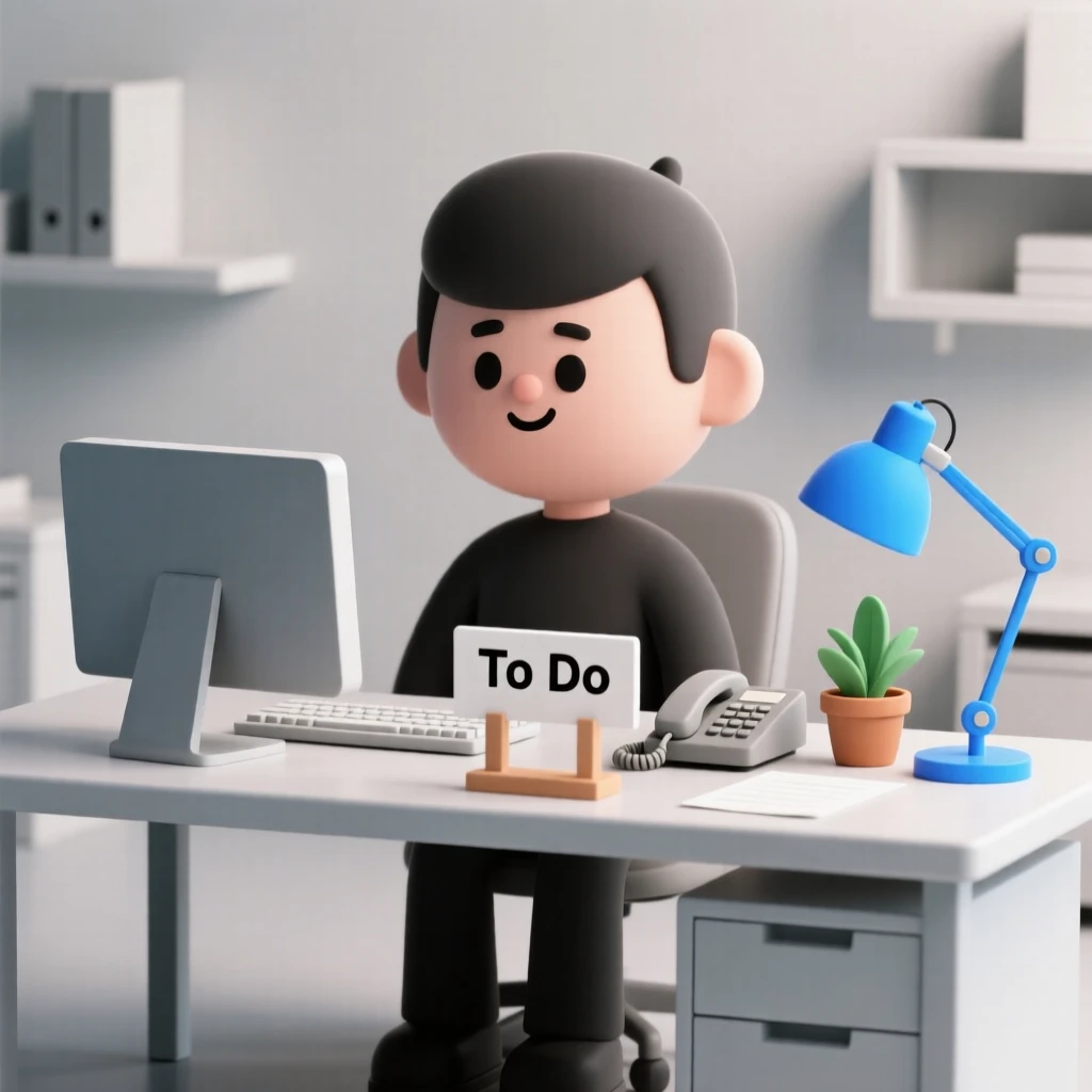 Cartoon-style illustration of a man in a modern office, sitting at a desk with a phone, computer, and vibrant blue decor.