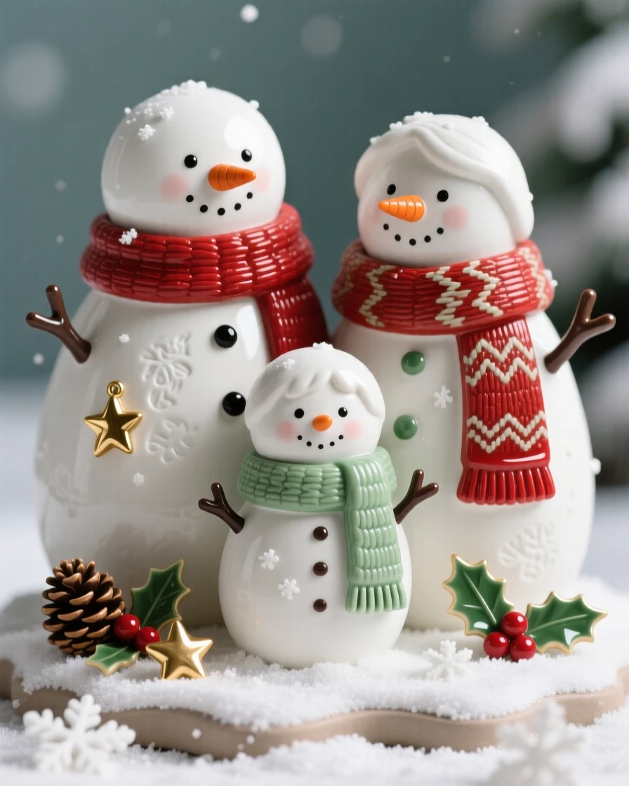 A family of snowmen wearing scarves set within a cozy festive scene, decorated with small festive charms, capturing the magic of a beloved seasonal moment.