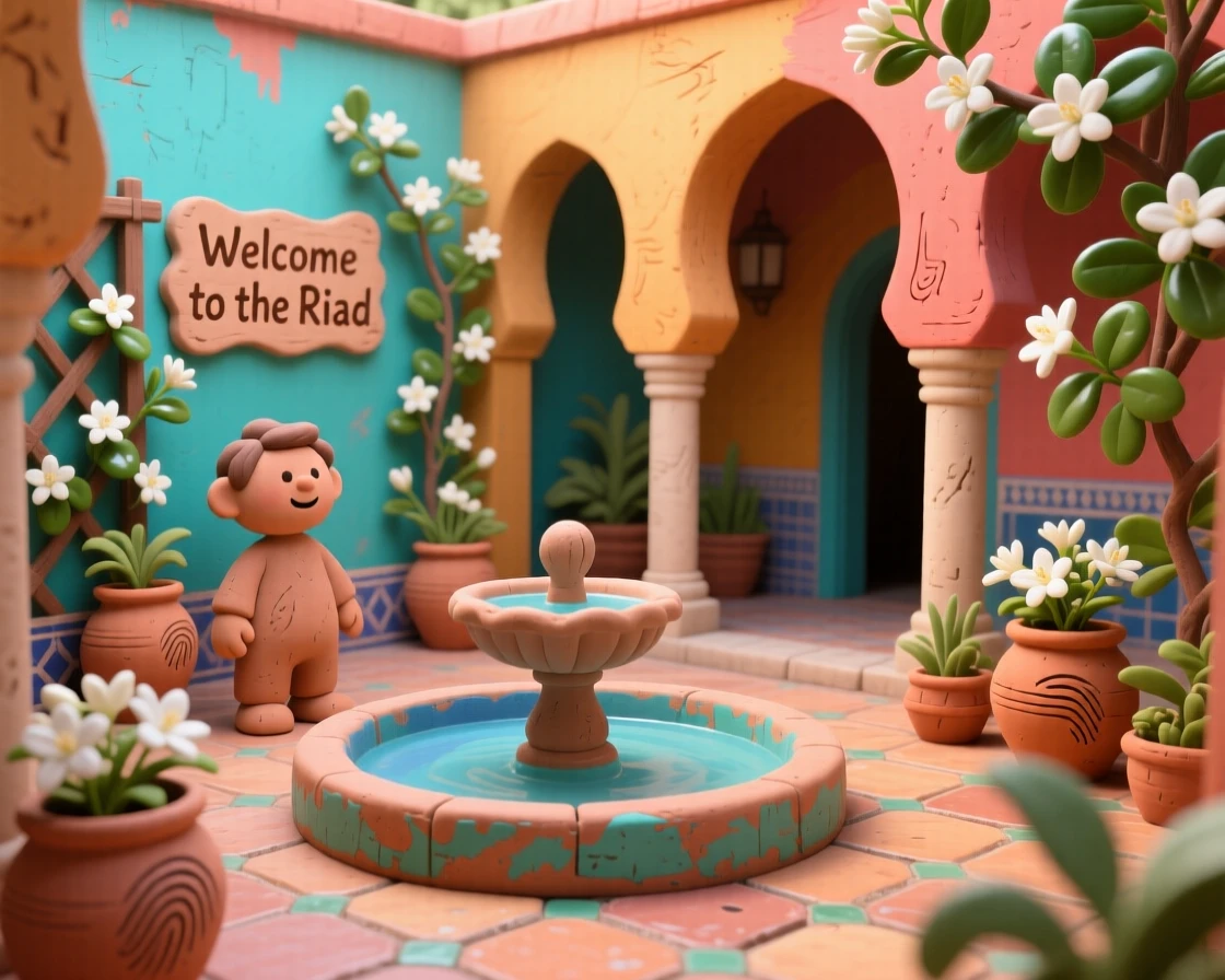A colorful Moroccan riad courtyard filled with blooming jasmine