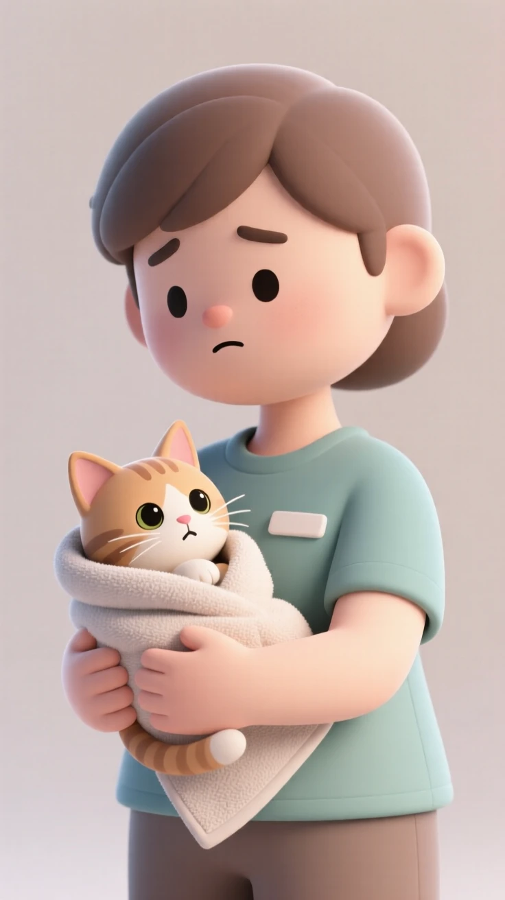 A gentle animal shelter volunteer cradles a shivering rescued kitten wrapped in a warm towel.