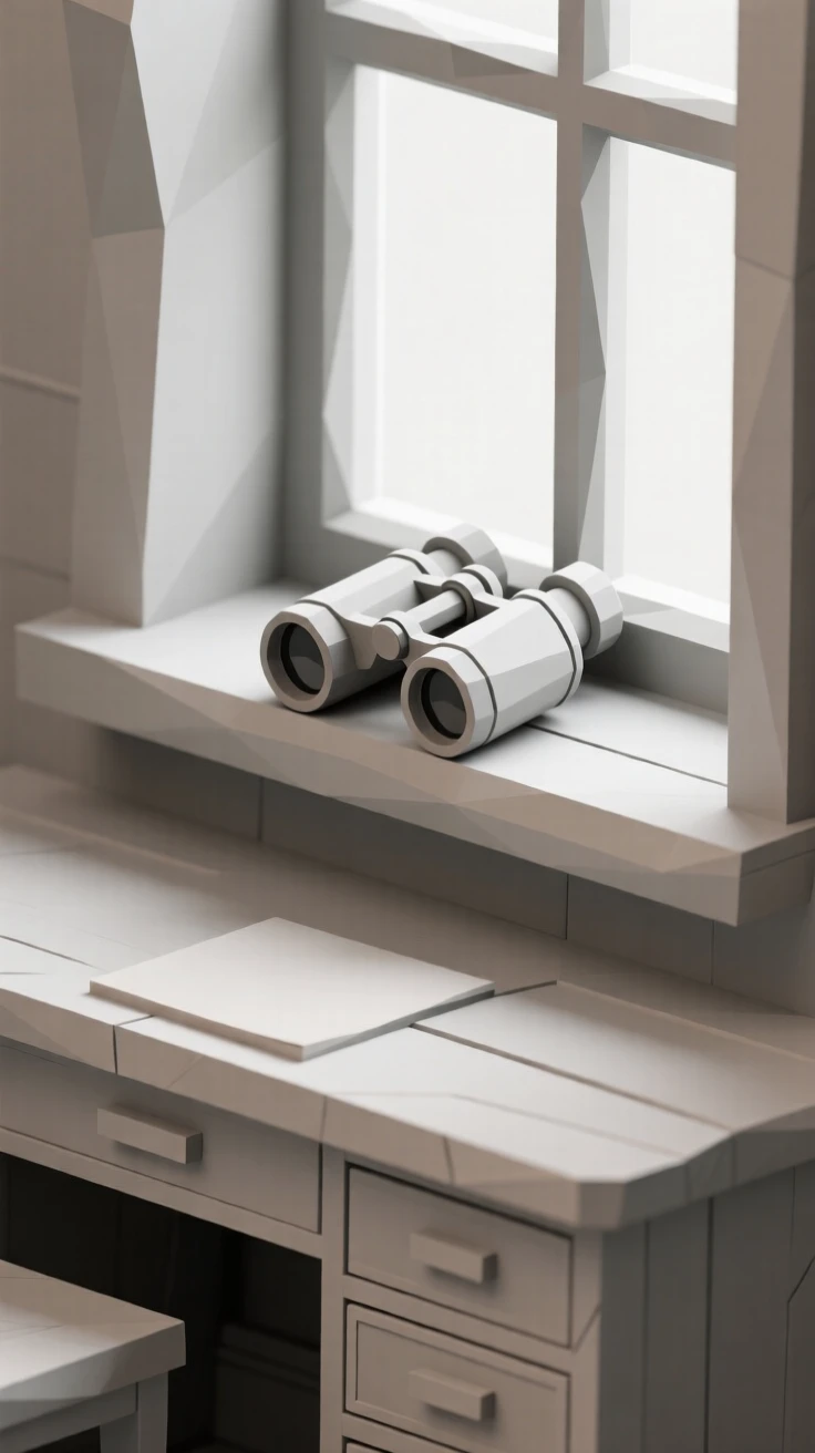 A pair of vintage binoculars on a windowsill, on an antique writing desk. fine textures and material details are clearly visible. The mood is warm and sentimental.