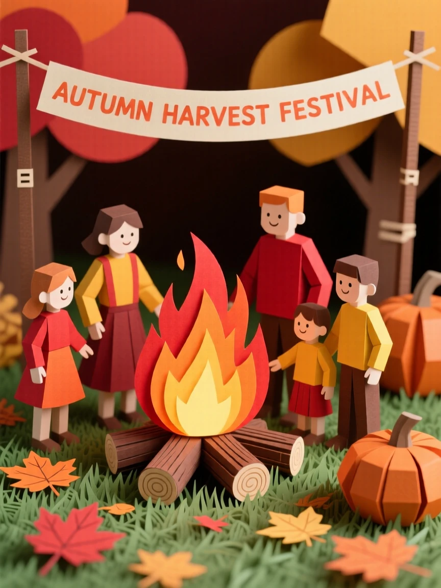 A charming autumn harvest festival filled with the golden light of a bonfire, with family gathered warmly together, evoking nostalgic seasonal magic.