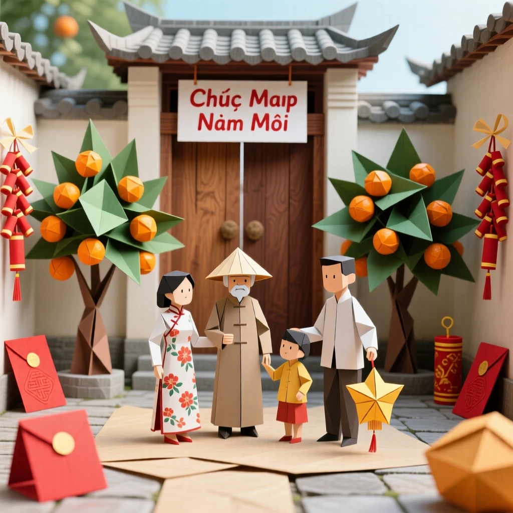 A Vietnamese Tet celebration scene with kumquat trees decorated in a family courtyard.