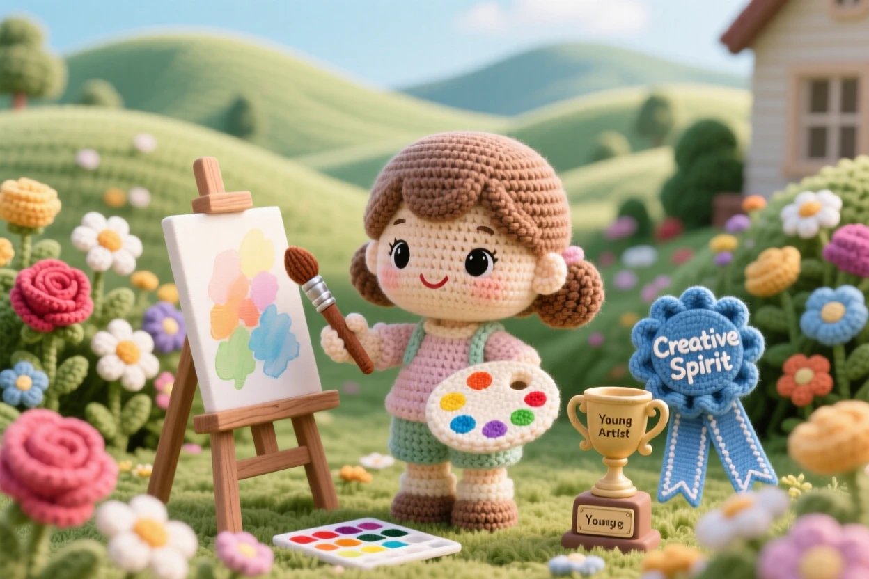 A cheerful scene of a little girl practicing watercolor sketching outdoors with a small travel palette, capturing a view of distant hills within a home garden bursting with blooms; a small trophy or ribbon nearby nearby, full of patient concentration and creative satisfaction.