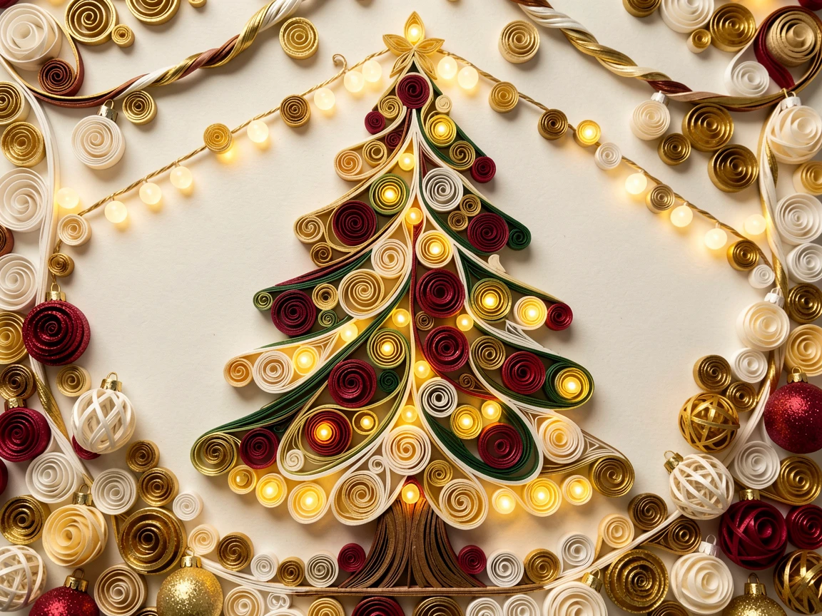 a decorated Christmas tree glowing with warm lights, in a bustling holiday market filled with twinkling lights, shown from a warm, intimate close-up perspective, in a festive palette of gold, ivory, and deep crimson.