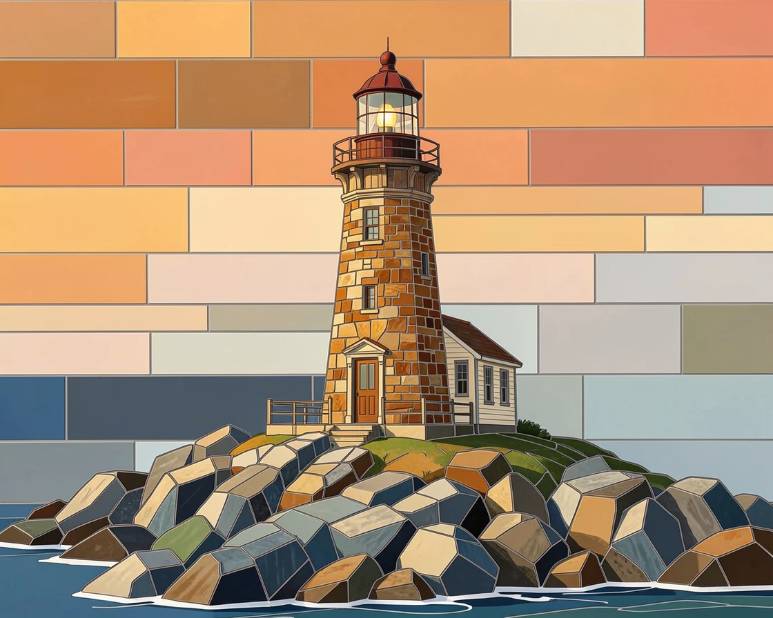A breathtaking wide-angle view of a rustic lighthouse standing on a rugged New England coastline, with rich warm lighting and fine architectural detail.