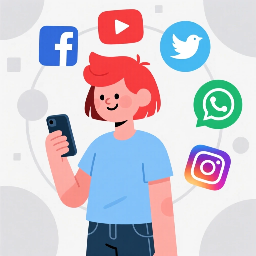 Cartoon illustration of a person with red hair using a smartphone, surrounded by digital media icons and minimalistic decor.
