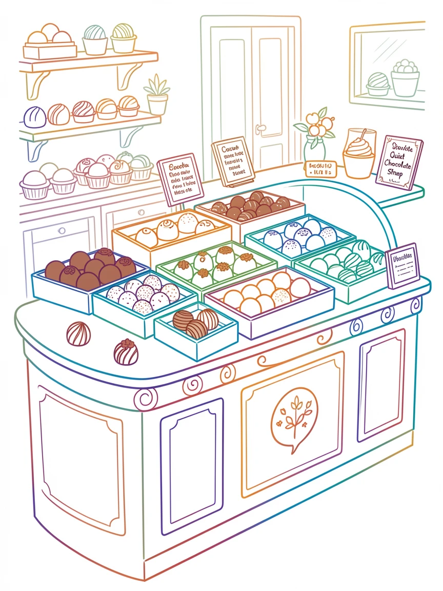 A quiet chocolate shop counter displaying rows of handmade truffles.