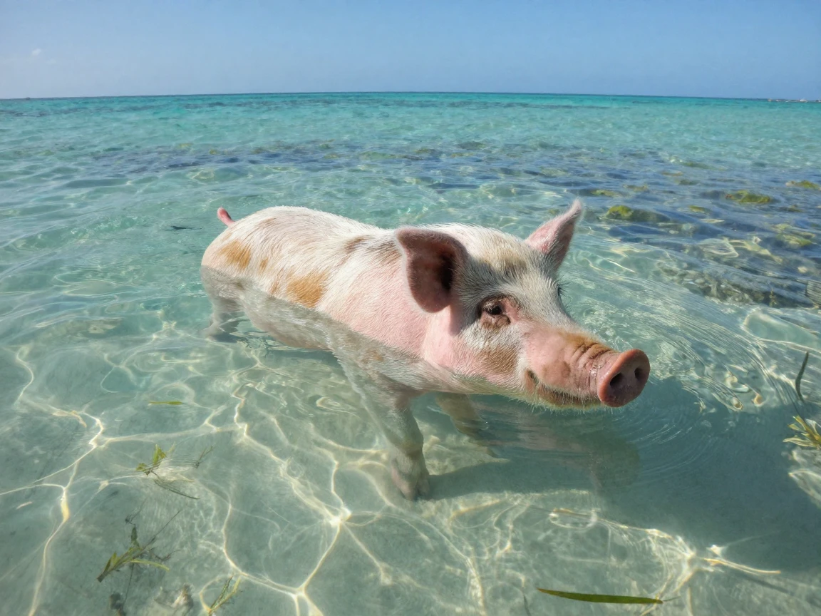 A Bahamian pig swimming in crystal clear shallow water