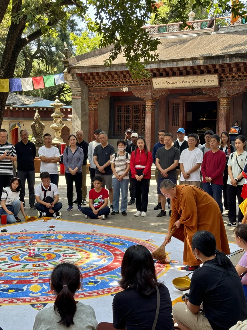A crowd gathers to watch a giant sand mandala being carefully swept away in a temple courtyard.