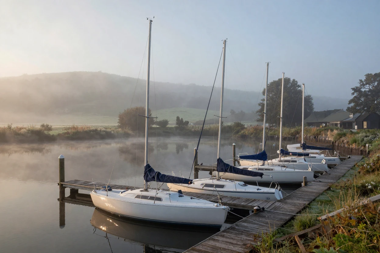 A fleet of racing sailboats waiting at a quiet countryside station as fog rolls across the landscape