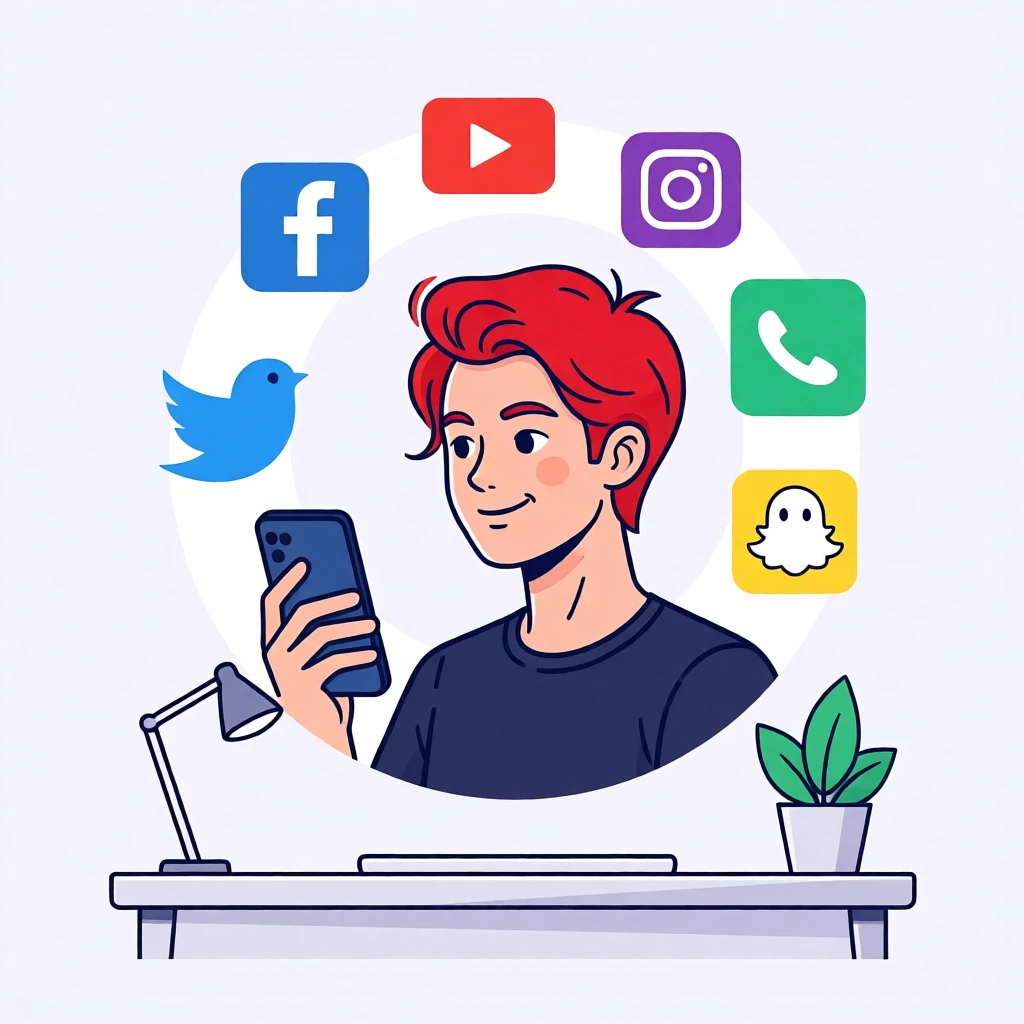 Cartoon illustration of a person with red hair using a smartphone, surrounded by digital media icons and minimalistic decor.